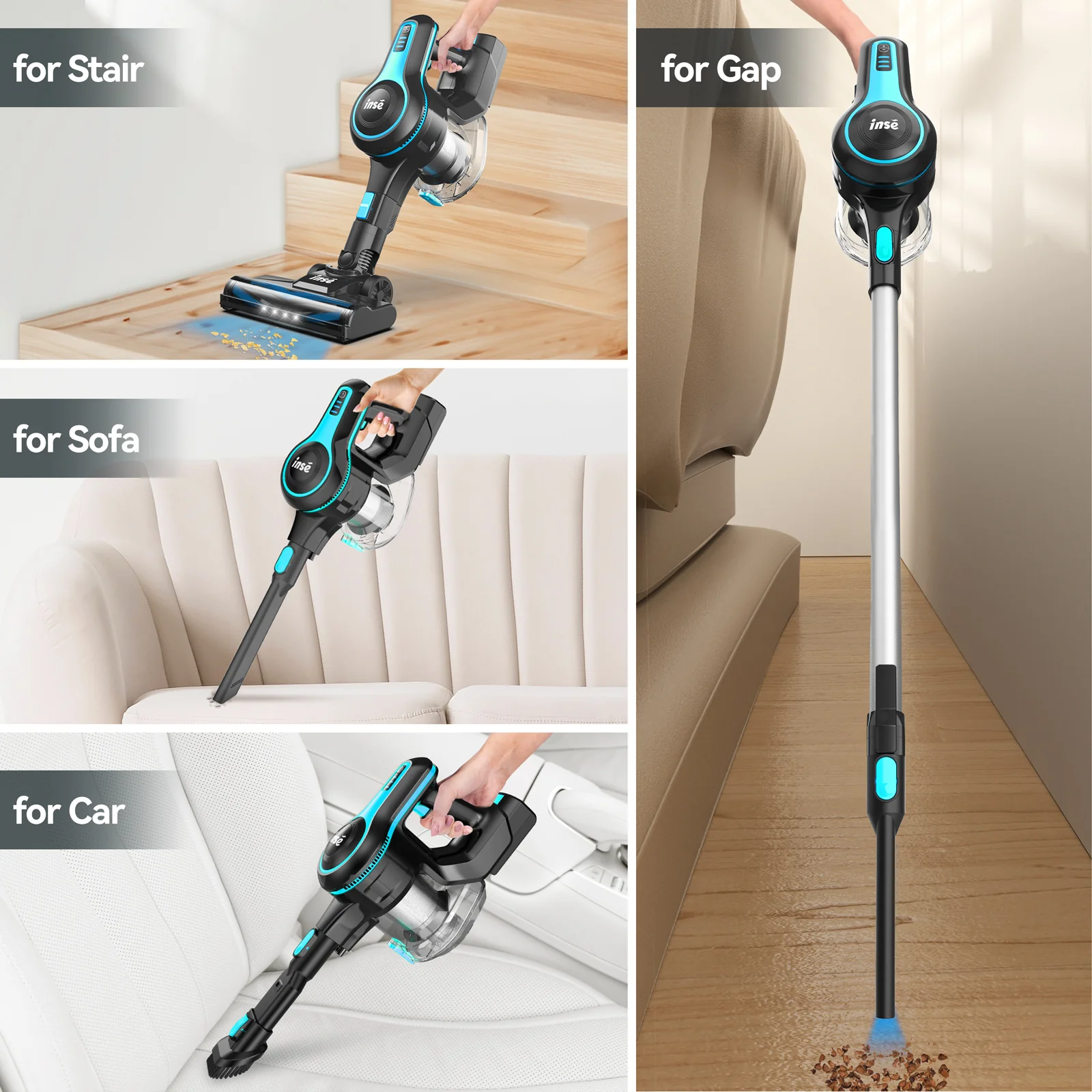 INSE Cordless Vacuum Cleaner,6-in-1 Rechargeable Stick Vacuum Lightweight for Carpet Hardfloor Pet Hair Home,N520 Blue - Image 7