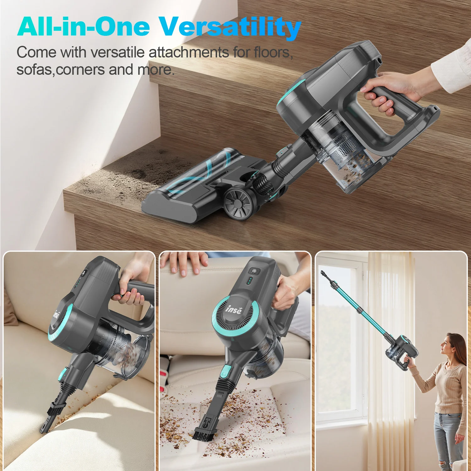 INSE Cordless Vacuum Cleaner,Ultra-Lightweight,LED Headlights,Removable Handheld Vacuum for Pet Hair Carpet Hardfloors,N3P Green - Image 6