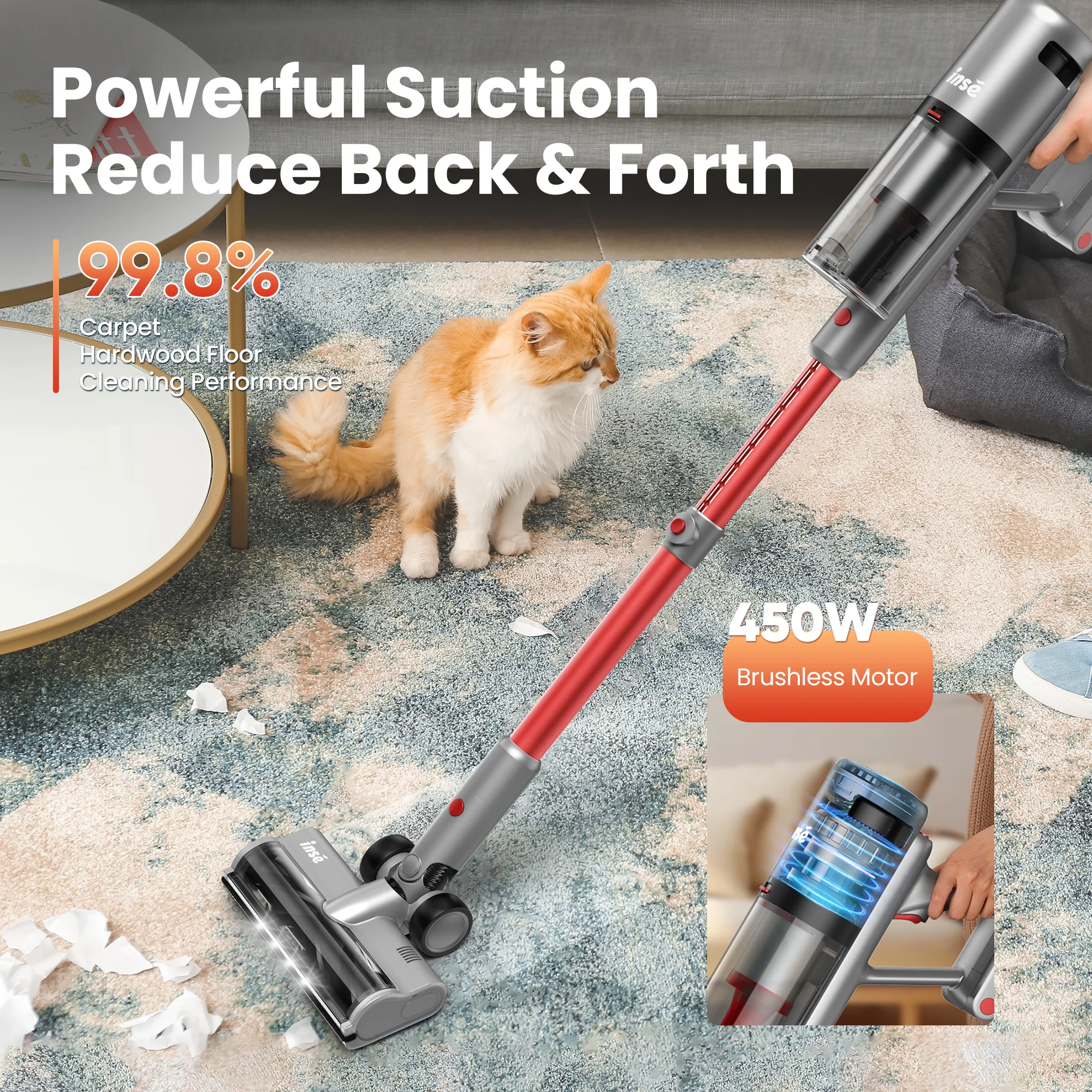 INSE Cordless Vacuum with 30Kpa Suction & 60 Mins Runtime, Stick Vacuum for Carpet, Tile, Pet Hair, Hardwood Floors, V120S - Image 10