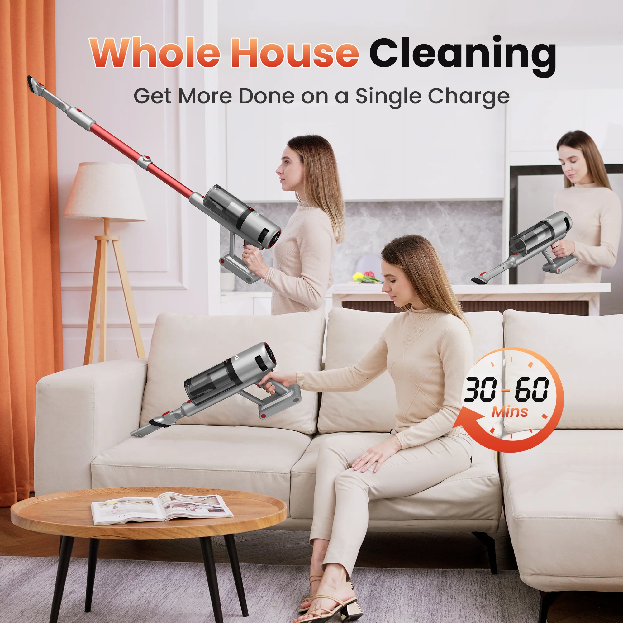 INSE Cordless Vacuum with 30Kpa Suction & 60 Mins Runtime, Stick Vacuum for Carpet, Tile, Pet Hair, Hardwood Floors, V120S - Image 11