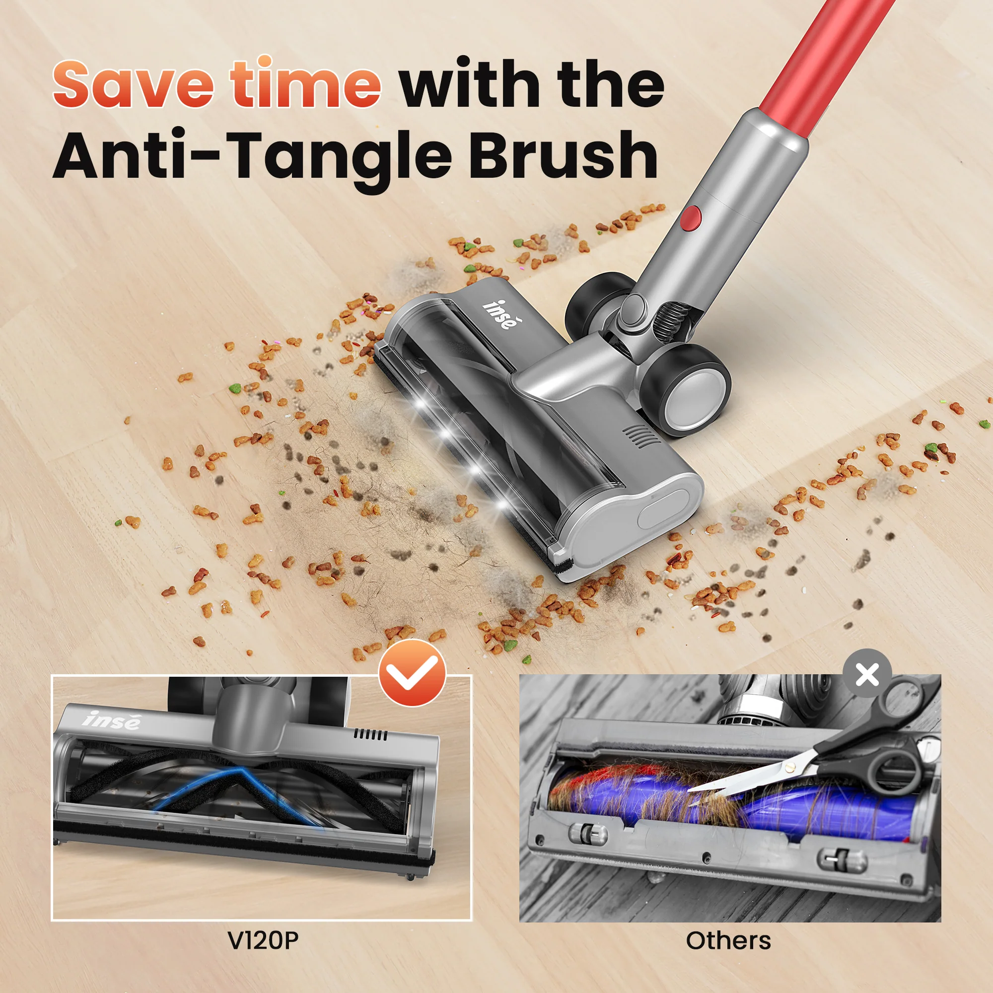 INSE Cordless Vacuum with 30Kpa Suction & 60 Mins Runtime, Stick Vacuum for Carpet, Tile, Pet Hair, Hardwood Floors, V120S - Image 12