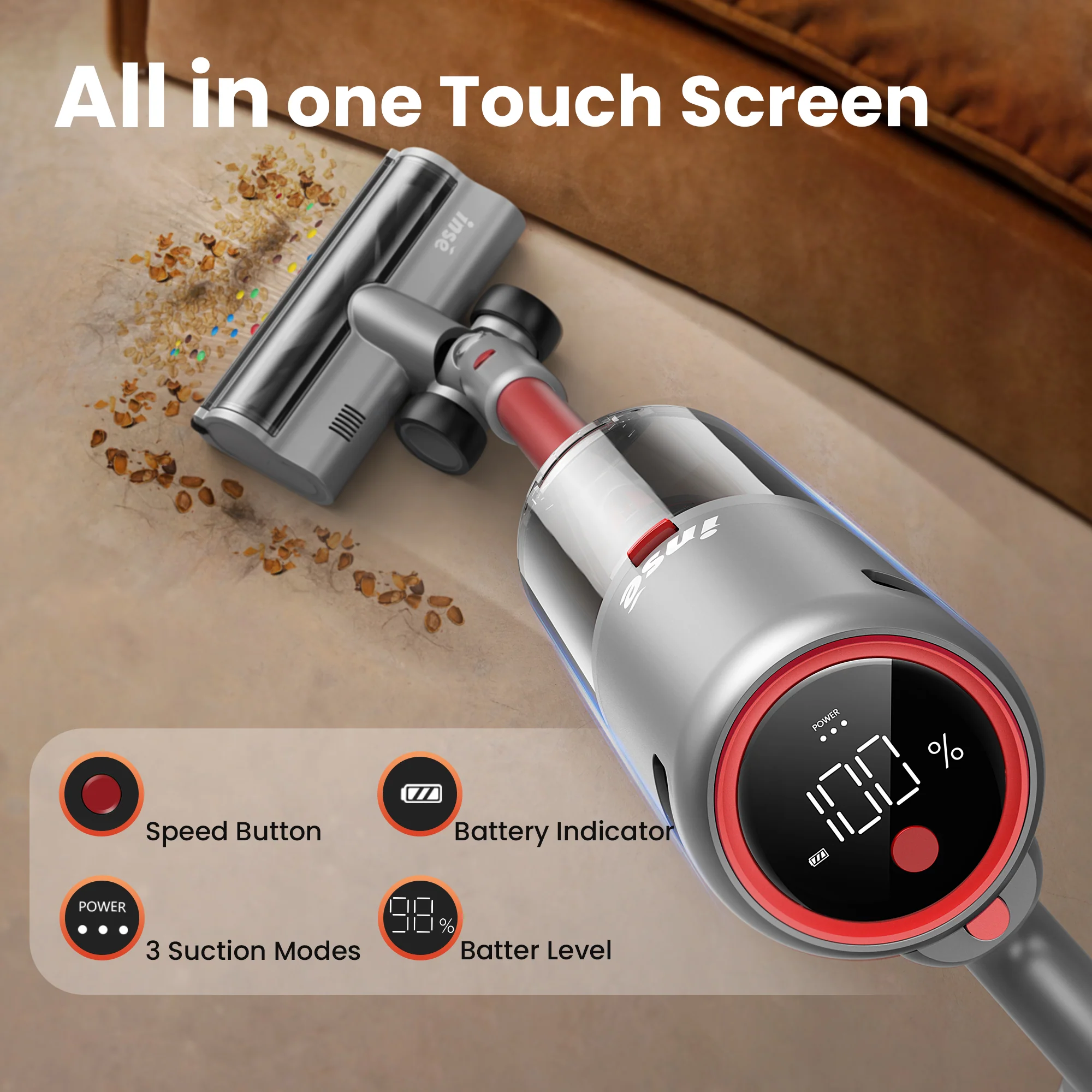 INSE Cordless Vacuum with 30Kpa Suction & 60 Mins Runtime, Stick Vacuum for Carpet, Tile, Pet Hair, Hardwood Floors, V120S - Image 14