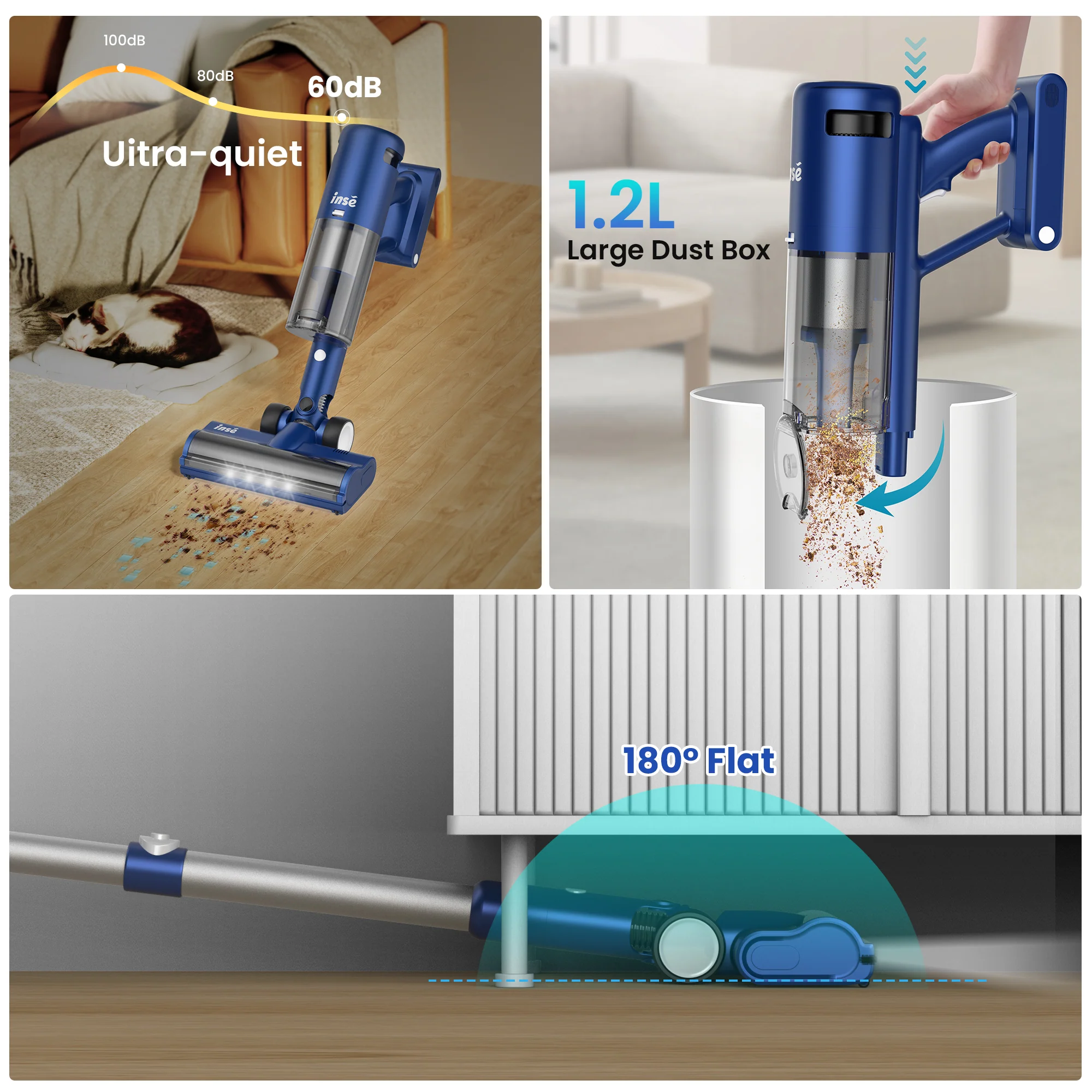 INSE Cordless Vacuum with 30Kpa Suction & 60 Mins Runtime, Stick Vacuum for Carpet, Tile, Pet Hair, Hardwood Floors, V120S - Image 4