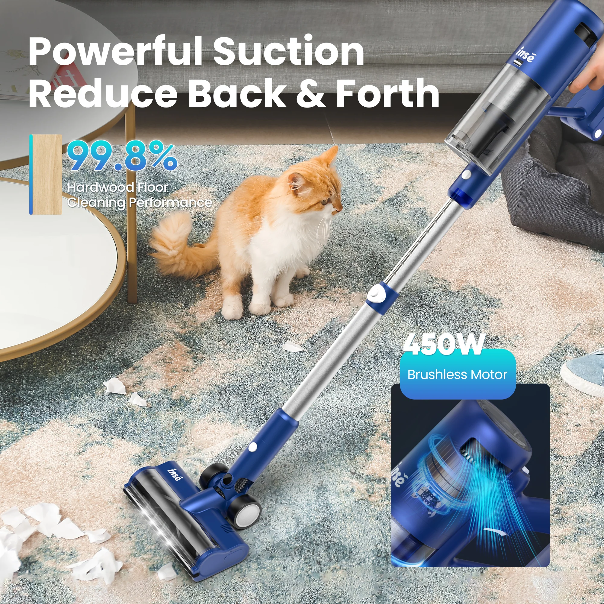 INSE Cordless Vacuum with 30Kpa Suction & 60 Mins Runtime, Stick Vacuum for Carpet, Tile, Pet Hair, Hardwood Floors, V120S - Image 5