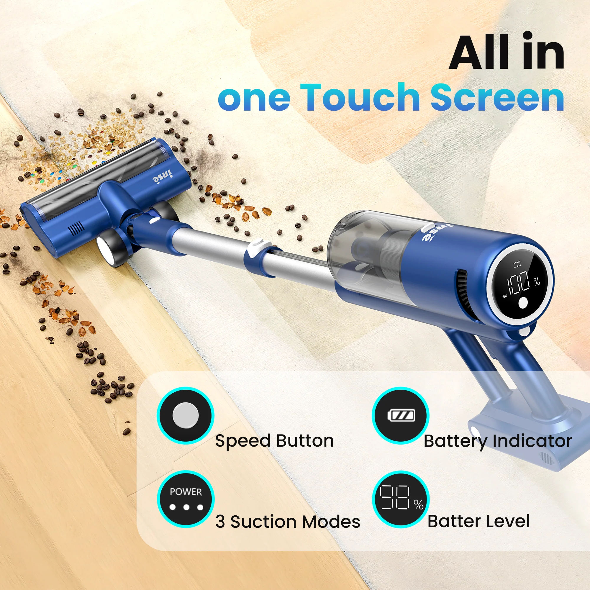 INSE Cordless Vacuum with 30Kpa Suction & 60 Mins Runtime, Stick Vacuum for Carpet, Tile, Pet Hair, Hardwood Floors, V120S - Image 7