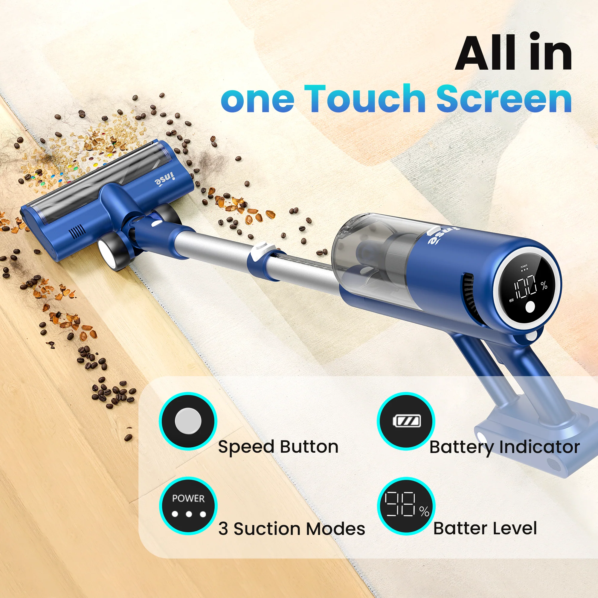 INSE Cordless Vacuum with 30Kpa Suction & 60 Mins Runtime, Stick Vacuum for Carpet, Tile, Pet Hair, Hardwood Floors, V120S - Image 8
