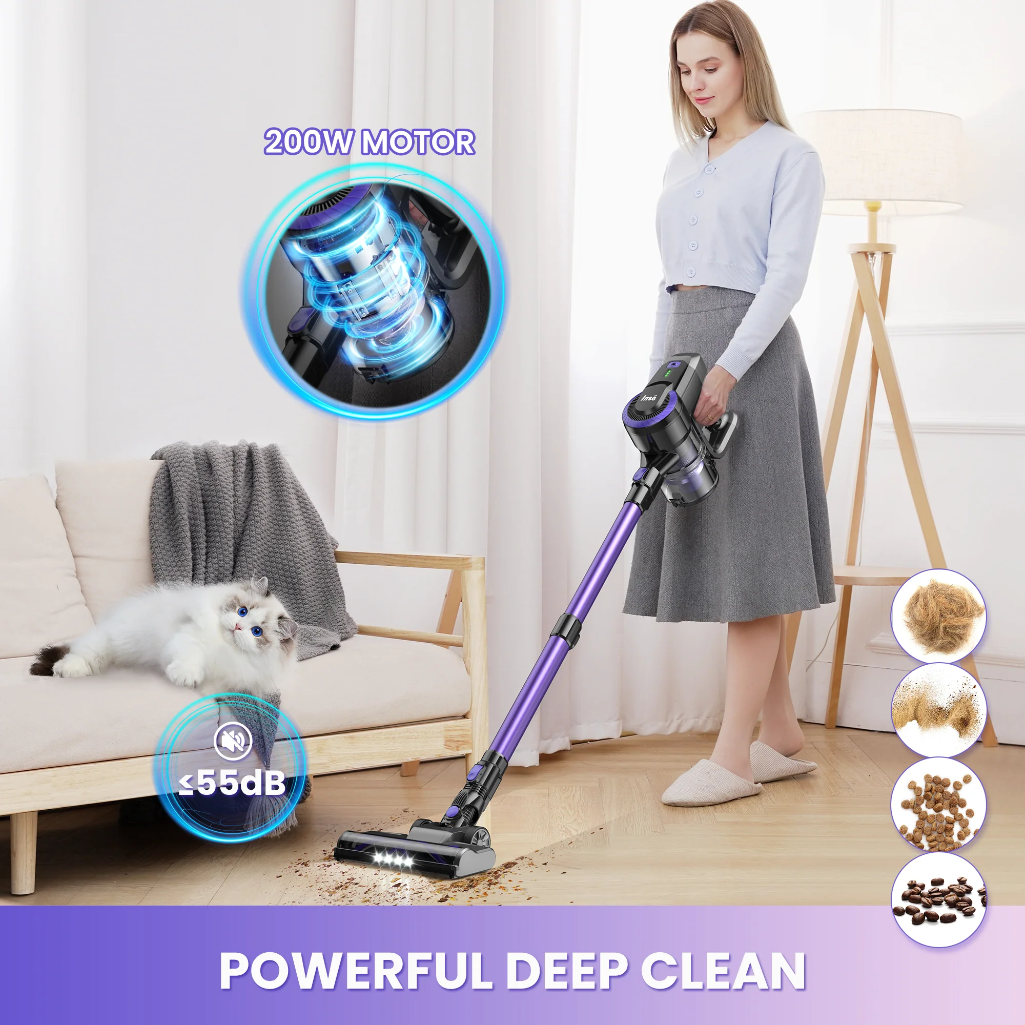 INSE Lightweight Cordless Stick Vacuum Cleaner for Carpet Hardwood Floor Pet Hair, N3P & N3E - Image 4