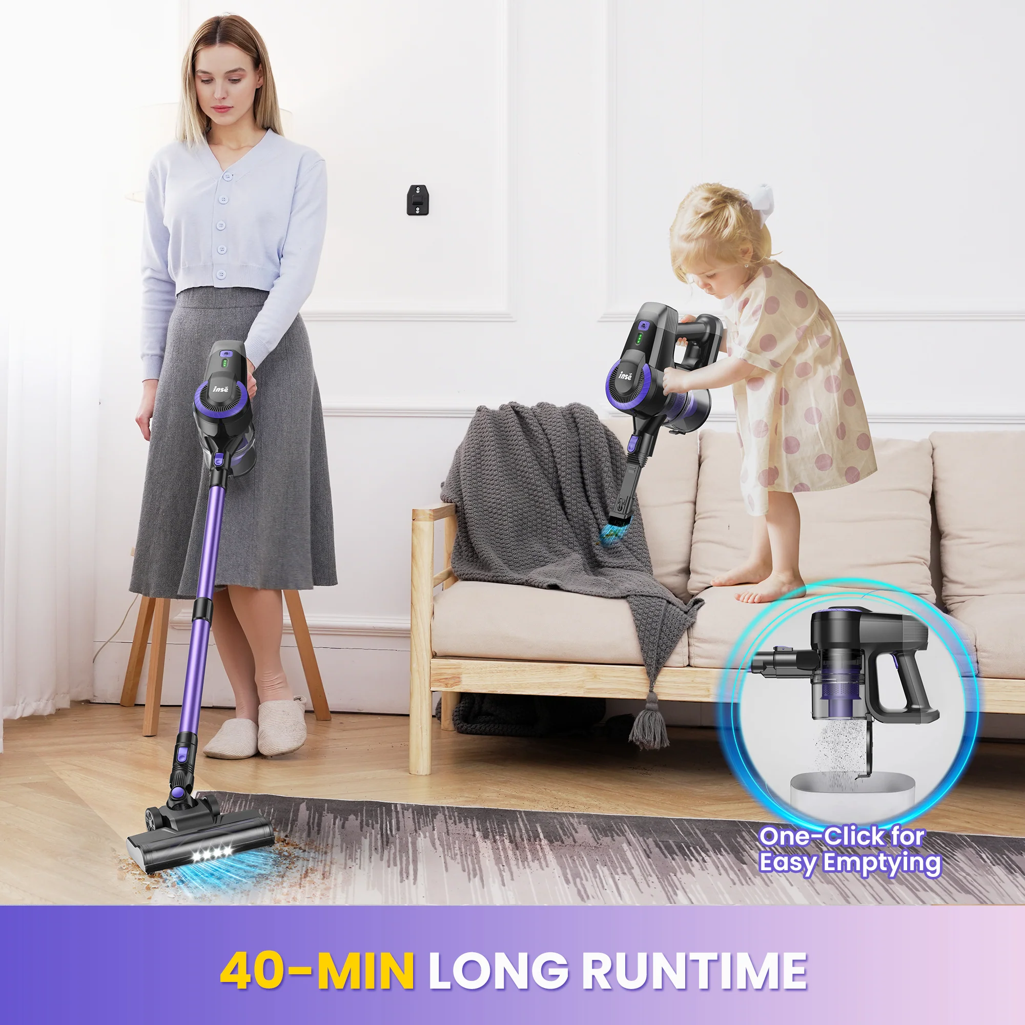INSE Lightweight Cordless Stick Vacuum Cleaner for Carpet Hardwood Floor Pet Hair, N3P & N3E - Image 5