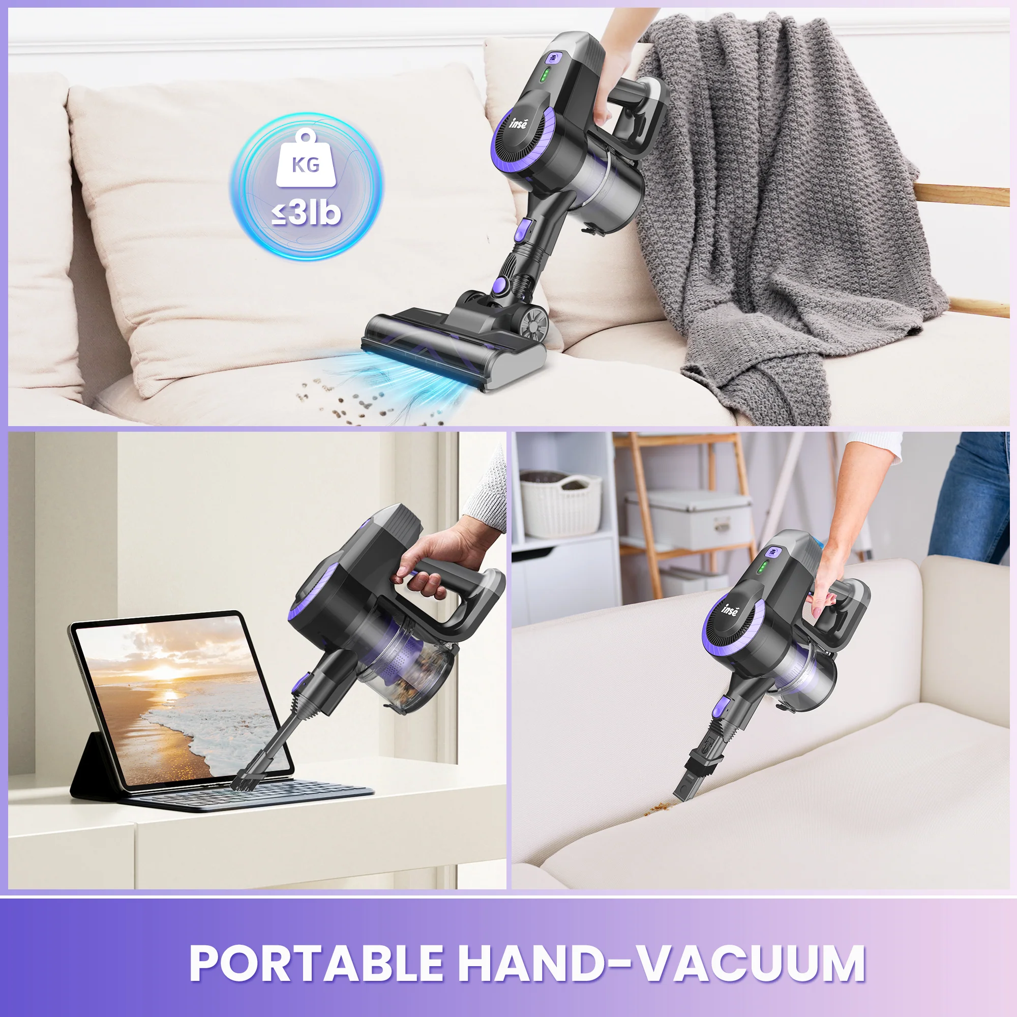 INSE Lightweight Cordless Stick Vacuum Cleaner for Carpet Hardwood Floor Pet Hair, N3P & N3E - Image 9