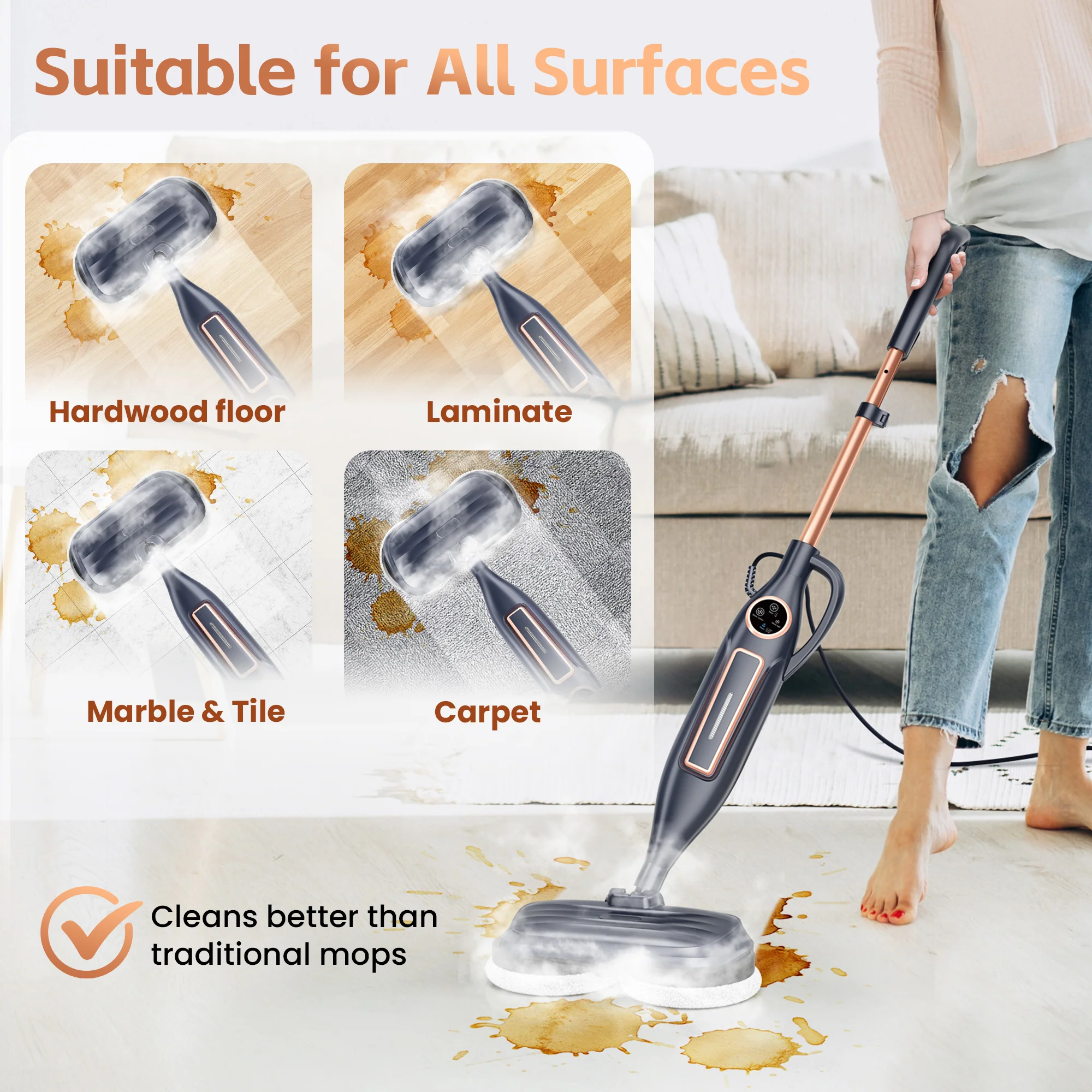 INSE Steam Mop with Rotating Pads, 10 in 1 Vacmop for Hardwood Floor, VM6 - Image 10
