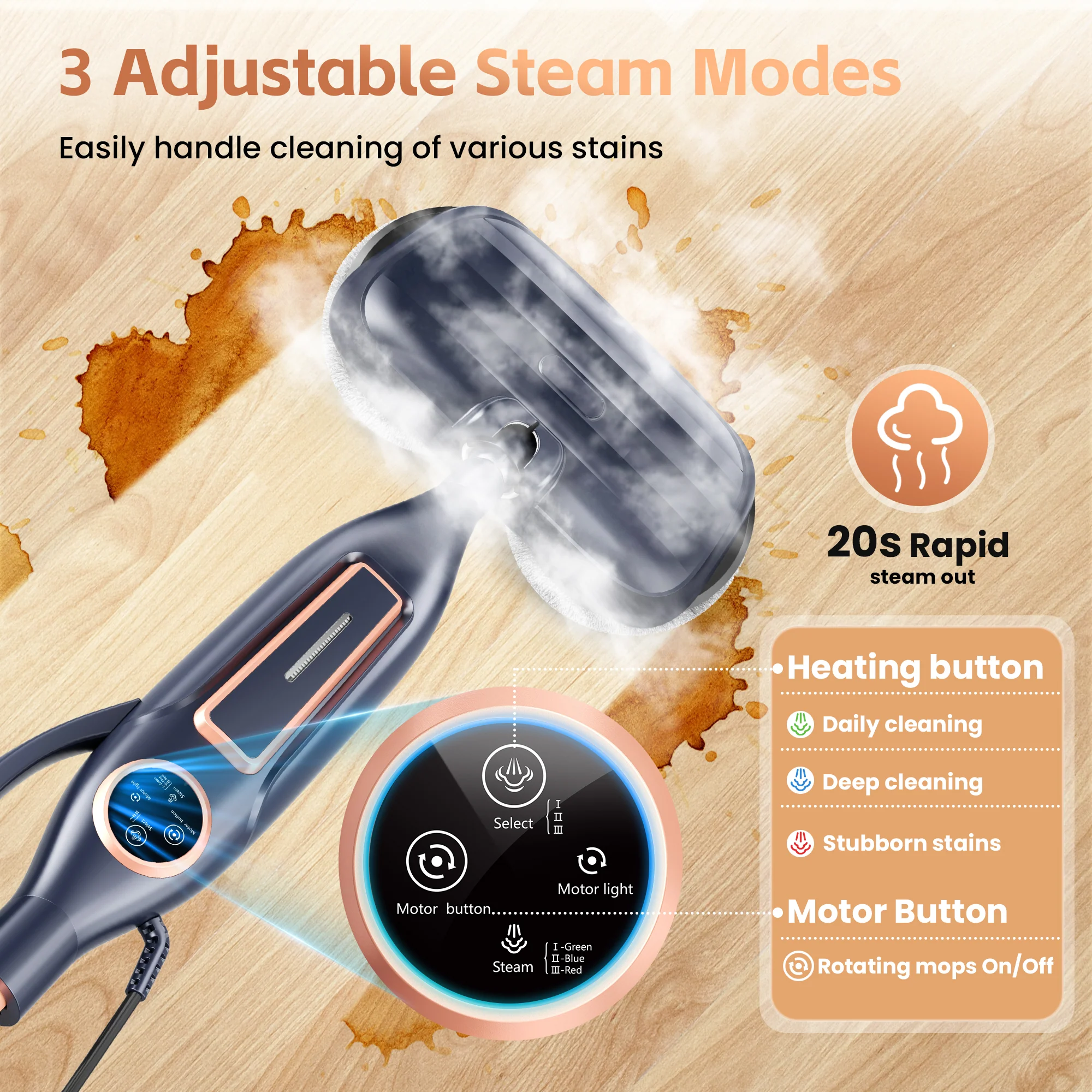 INSE Steam Mop with Rotating Pads, 10 in 1 Vacmop for Hardwood Floor, VM6 - Image 5