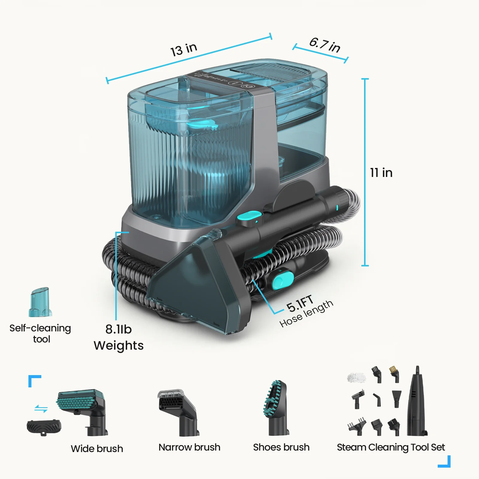 Steam Carpet Cleaner with 18KPa Deep Steam Cleaning, Portable Upholstery Cleaner Machine for Kitchen, Sofa, Pets Stains, Carpet, Car, with 10 Pcs Steam Cleaning Tool Set - Image 9