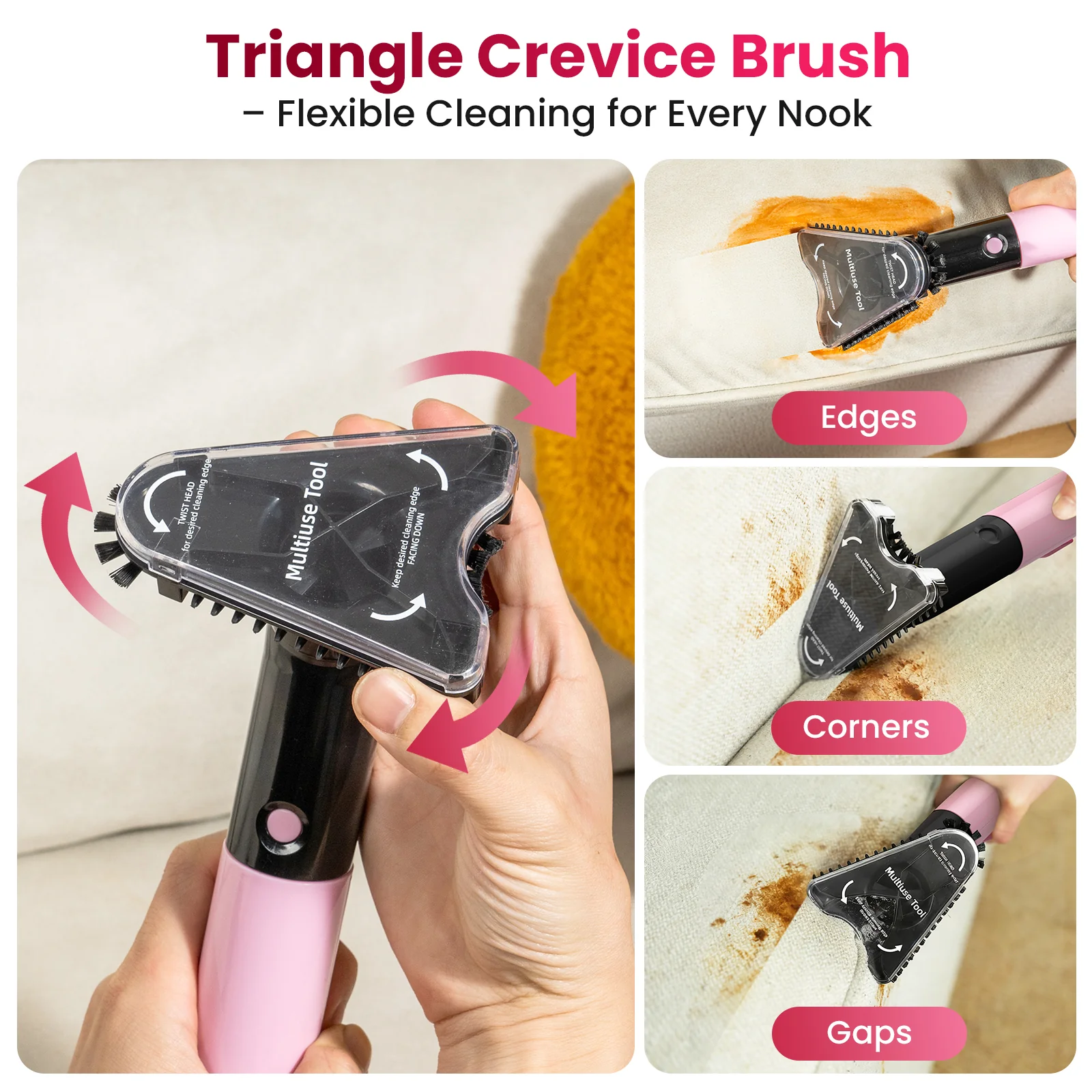 Upholstery Carpet Vacuum Cleaner, 18KPa Suction Spot Cleaning Machine for Pet Stains, Carpets, Sofa, Car Seats, Mattress, with 3 Multipurpose Cleaning Tools, 6'' Deep Cleaning Brush | Portable 3-in-1 Little Pink C9S - Image 12