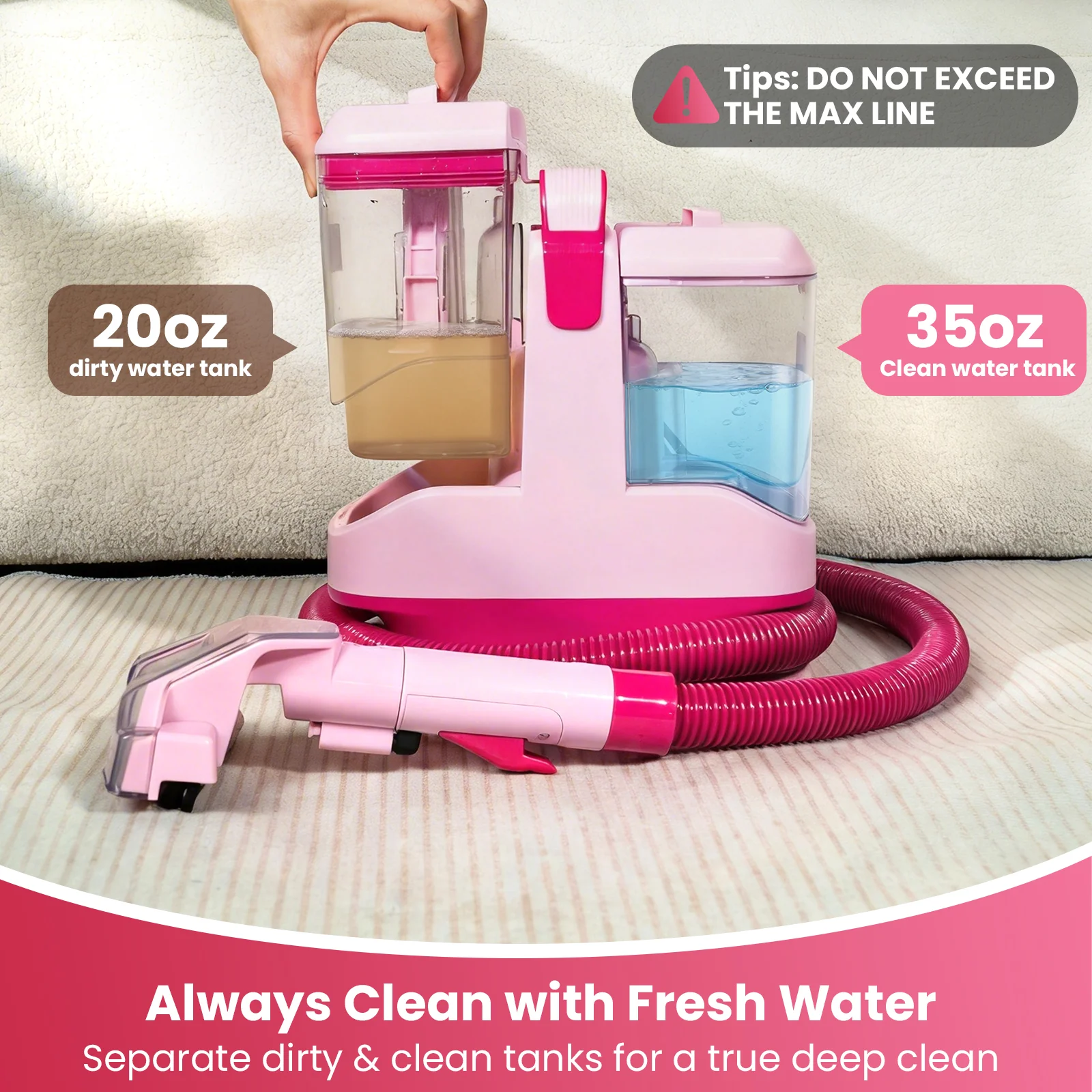 Upholstery Carpet Vacuum Cleaner, 18KPa Suction Spot Cleaning Machine for Pet Stains, Carpets, Sofa, Car Seats, Mattress, with 3 Multipurpose Cleaning Tools, 6'' Deep Cleaning Brush | Portable 3-in-1 Little Pink C9S - Image 4
