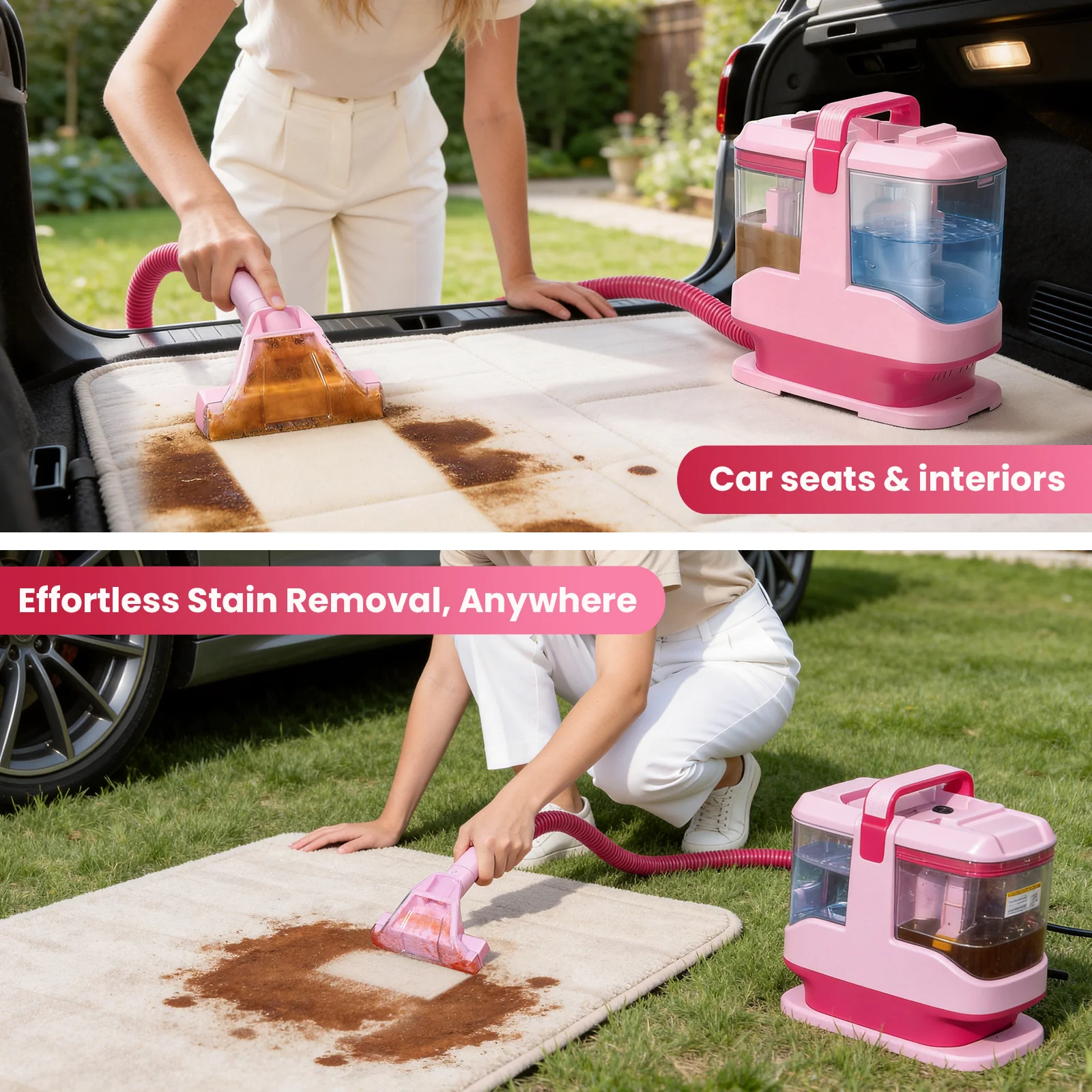 Upholstery Carpet Vacuum Cleaner, 18KPa Suction Spot Cleaning Machine for Pet Stains, Carpets, Sofa, Car Seats, Mattress, with 3 Multipurpose Cleaning Tools, 6'' Deep Cleaning Brush | Portable 3-in-1 Little Pink C9S - Image 6
