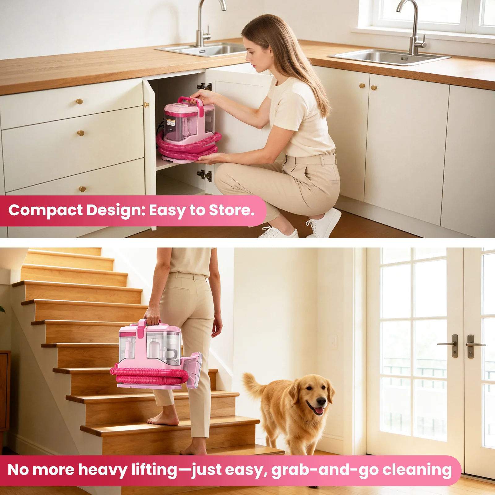 Upholstery Carpet Vacuum Cleaner, 18KPa Suction Spot Cleaning Machine for Pet Stains, Carpets, Sofa, Car Seats, Mattress, with 3 Multipurpose Cleaning Tools, 6'' Deep Cleaning Brush | Portable 3-in-1 Little Pink C9S - Image 9